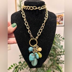 Gold Anchor Charm Necklace with Turquoise and Yellow Beads